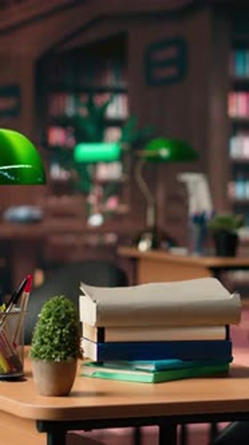 Vertical Video Empty Vintage Library Featuring Wooden Shelves and Classic Green Lamps