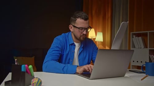 Tired Business Man Entrepreneur Typing on Laptop Doing Research Male Professional Using Computer