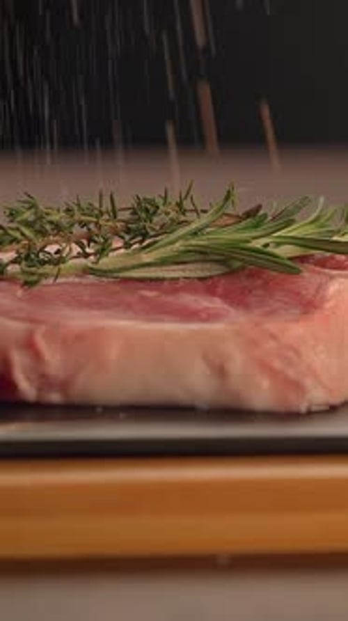 Salt Being Sprinkled on Raw Steak with Rosemary