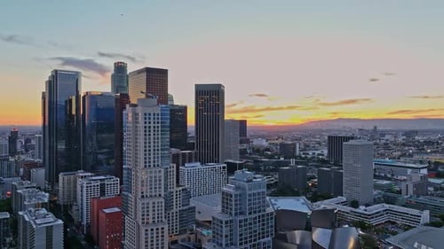 City of LA in Sunset Downtown Los Angeles From Drone LA Skyline in Sunset Los Angeles Towers at