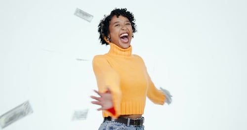Winner, excited and woman with money for investment success, achievement and victory in studio