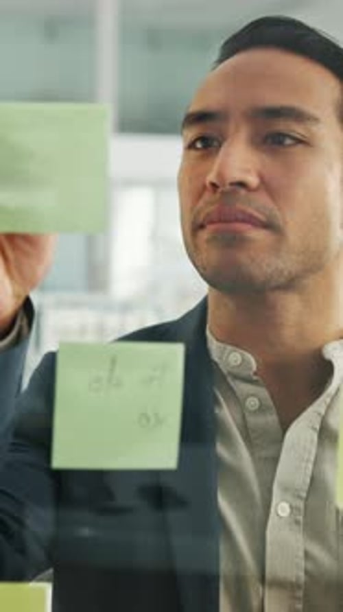 Writing, sticky notes and business man in office for planning, finance strategy and investment