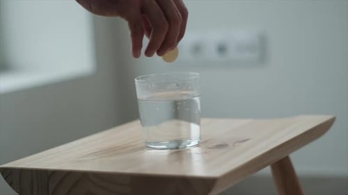 Effervescent Tablet Falling Into Glass of Water Indoors