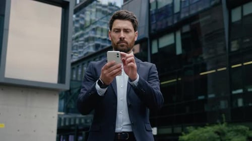 Caucasian Adult Business Man Browsing Mobile Phone City Downtown Male Employer Data Connections