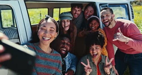 People, friends and road trip selfie for outdoor adventure, countryside holiday