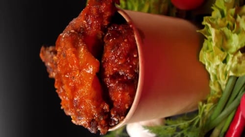 Vertical Video Spicy Chicken Wings Doused in Sauce Swirl in a Paper Bucket