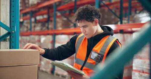 Inspection, checklist and man in warehouse with tablet, coordination and distribution