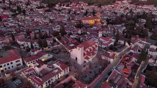 Aerial view of Granada city, Albaicin district at dusk, Andalusia, Spain