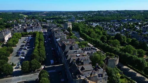 Approaching aerial movement about the castle of Dinan and its enviroment, France.