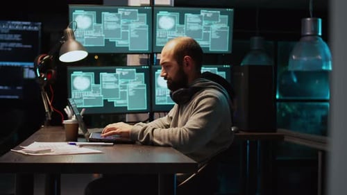 Frustrado ladrão cibernético hackeando sistema de segurança no computador