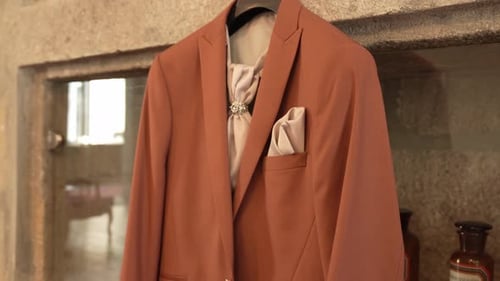 Elegant Groom's Suit Hanging Indoors in Preparation