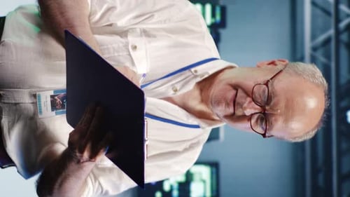 Man Writing on Clipboard in Control Room