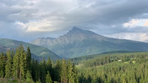 Krivan Peak Mountain on Sunny Cloudy Day, Pine Tree Forest, High Tatras Slovakia