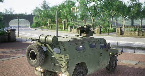 Military Vehicle Parked on a Quiet Street in a Lush Urban Setting