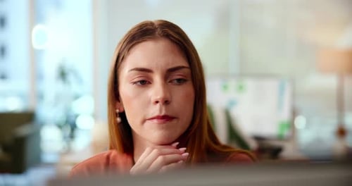 Thinking, research and woman in office with computer for data analysis, growth or development