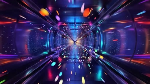 Futuristischer Science-Fiction-Tunnel mit bunt leuchtenden Partikeln und