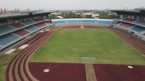 Aerial drone shot of a turf net in around soccer field
