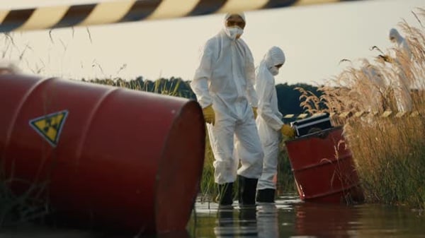 Scientist taking notes beside oil drum at pollution site, Industrial ...