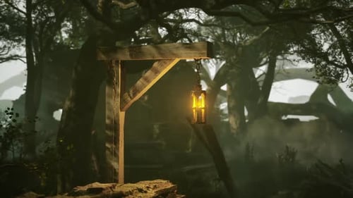 Old Wooden Lamp in Dark Woods