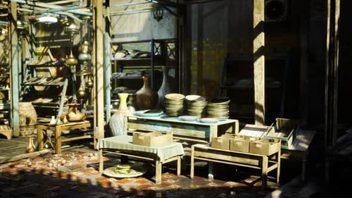 Ornate Market Stall Interior with Traditional Goods Panning