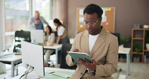 Reading, scroll and tablet with of business man in office for research, journalist editor and media
