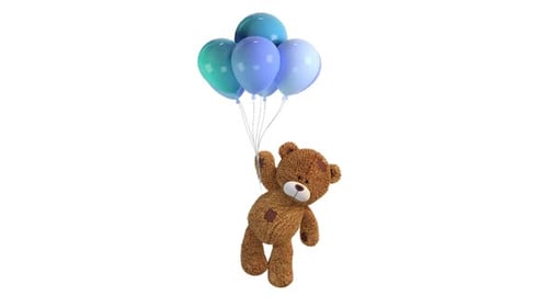 Animated Teddy Bear with Blue Balloons Floating Up