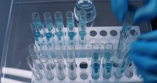 Close Up of Chemist Putting Test Tubes with Blue Liquid in Rack