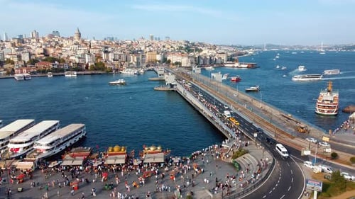 Historical center of Istanbul with Galata Bridge and mosques. View from drone