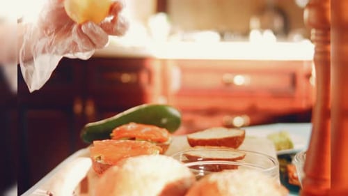 Making Salmon Sandwich in Kitchen