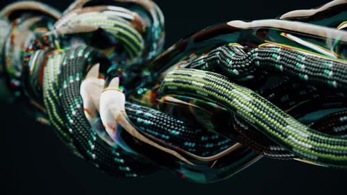 Muitos fios e cordas coloridos estão entrelaçados em um único fluxo. Os fios se movem e se entrelaçam de forma transparente