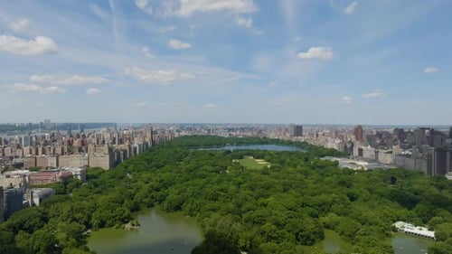 Aerial view flying over the Central park, summer day in Manhattan, New York, USA