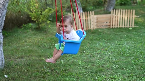 Little kid in t-shirt and shorts swaying in a swing. Calm barefoot baby boy in the garden in summer.