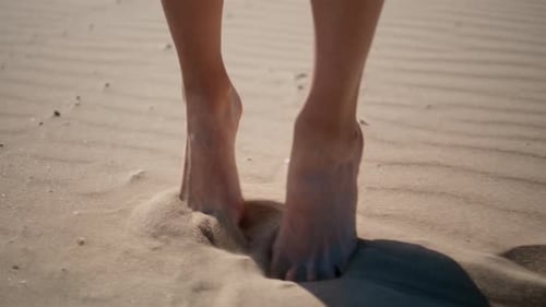 Legs Making Footprints Sand Beach Sunny Day Closeup Unknown Woman Stepping