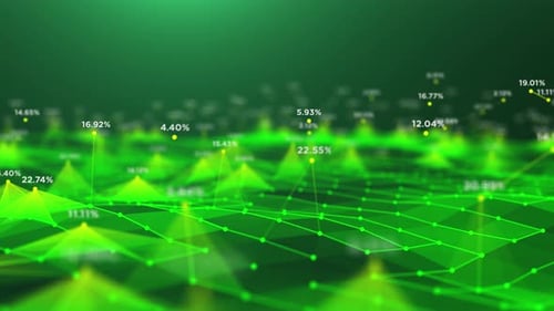 Paysage polygonal vert avec des points de données superposés, symbolisant la cartographie numérique du terrain et les finances