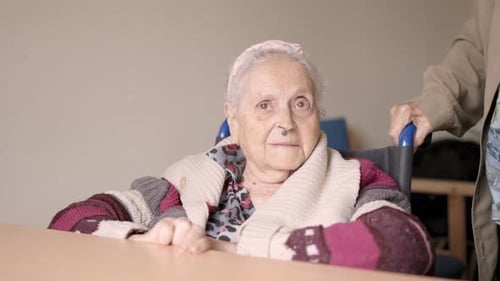 Elderly Woman in Wheelchair Being Assisted Indoors