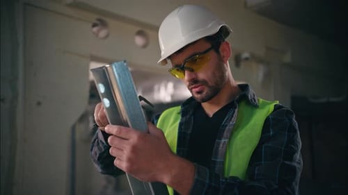 Professional Caucasian Engineer Man Builder Workman Working Male Handyman Holding Metal Fittings