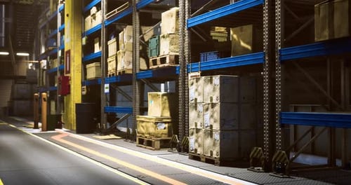 Intérieur de l'entrepôt avec caisses et palettes empilées pendant les opérations de jour
