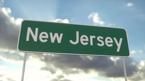 Welcome to New Jersey. New Jersey road sign on a blue sky. Travel, business, tourism concept