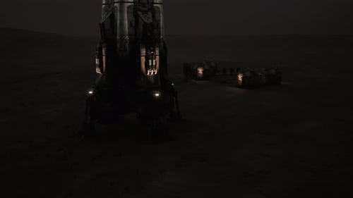 Mars Colony Base Setup at Dusk with Launch Vehicle and Equipment Present