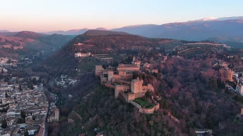 Sunset over the Alhambra Palace and Fortress, a Breathtaking Aerial View in Granada, Andalusia