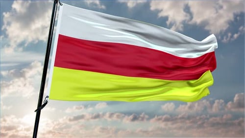 Realistic Waving Flag with White Red Yellow Stripes in Cloudy Sky
