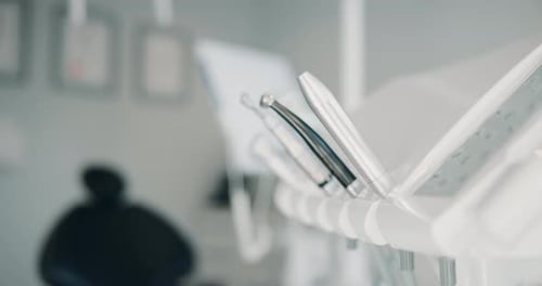 Medical, dental and equipment in clinic for teeth consultation, treatment process