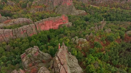 Aerial view of autumn foliage and rock formations, Bulgaria.