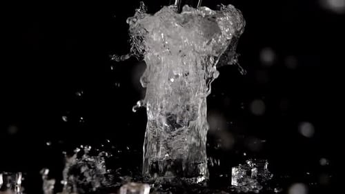 A jet of water is poured into a glass goblet with ice on a black background and creates a splash