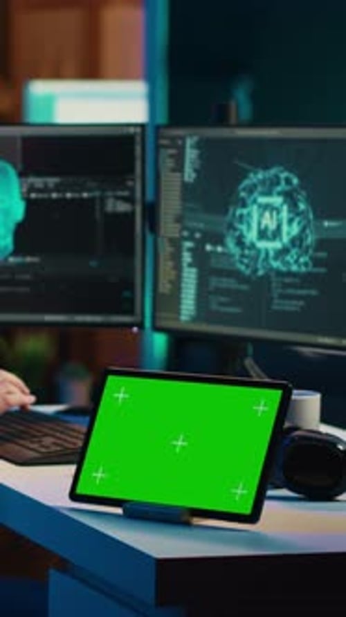 Vertical Video Developer Using Green Screen Tablet Updating Artificial Intelligence