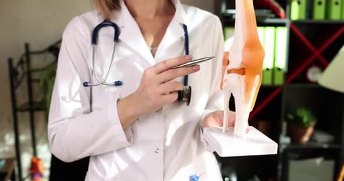 Woman Doctor Explains Knee Joint Model in Office
