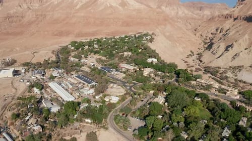 Aerial view of Kibbutz Ein Gedi oasis and nature reserve
