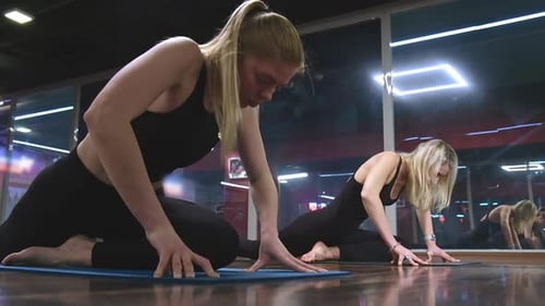 Young Women Group Lesson Practicing Yoga Poses Stretching in Studio