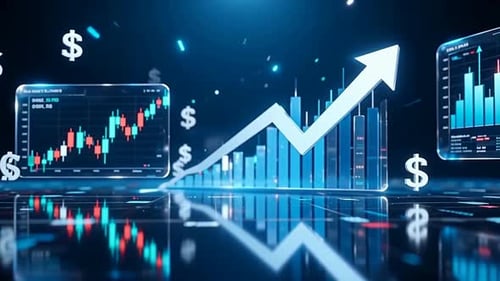 3D Bar Charts, Increasing Coin Stacks, Upward Trend Arrow, Digital Infographics