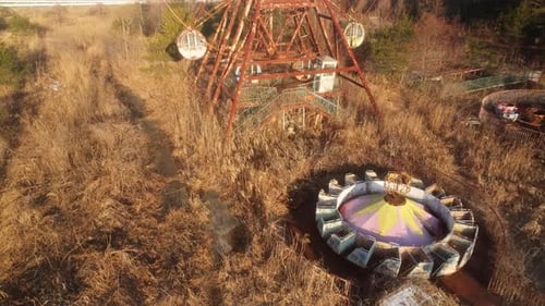 Aerial view of abandoned Ferris wheel, Japan.